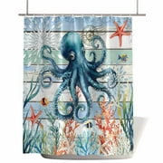 Shower Curtains for Bathroom-72"x72",Coastal Octopus Marine Creature on Wood Waterproof Bath Curtain Grommet Shower Curtain Set with Hooks,Ocean Exploration Theme Washable Bath Accessories