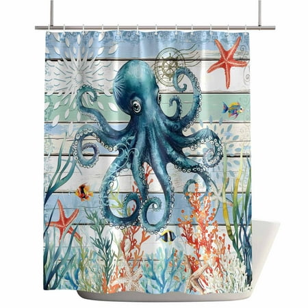 Shower Curtains for Bathroom-72"x72",Coastal Octopus Marine Creature on Wood Waterproof Bath Curtain Grommet Shower Curtain Set with Hooks,Ocean Exploration Theme Washable Bath Accessories