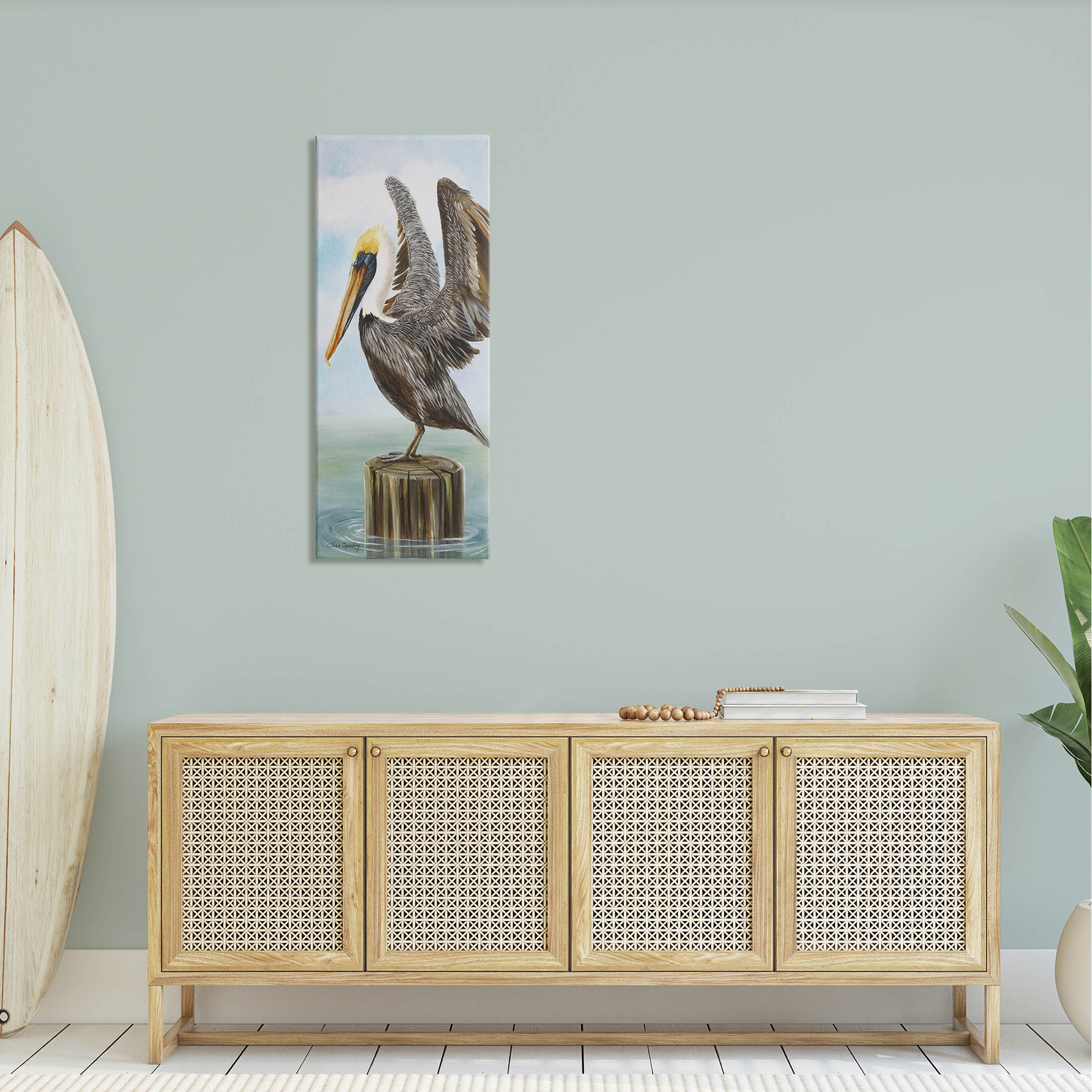 Pelican Grazing Sea Water Animals & Insects Painting Gallery Wrapped Canvas Print Wall Art