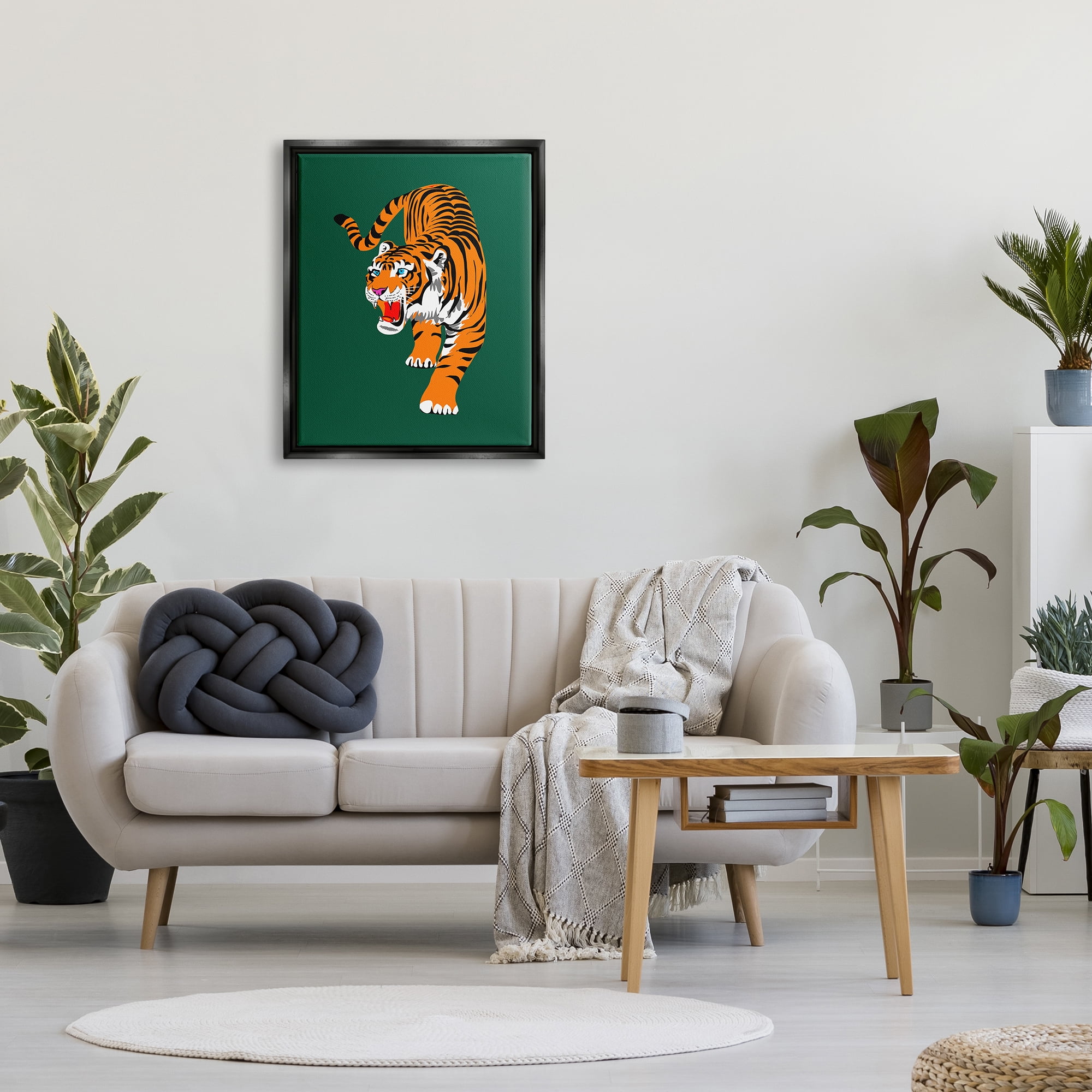 Stupell Industries Roaring Tiger on Green Animals & Insects Painting Black Floater Framed Canvas Art Print Wall Art, 25 x 31