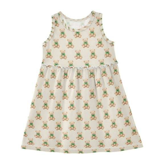 Girls Dress Teddy Bear Bow Sleeveless Dress for Girls Hem A-Line Casual Sundress