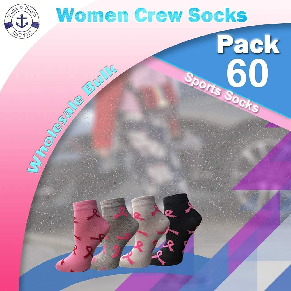 60 Pairs of Pink Ribbon Breast Cancer Awareness Ankle/Crew Socks for Women (Assorted Ankle)