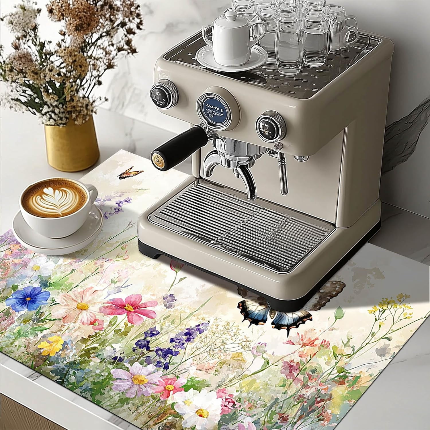 Butterfly Stove Top Cover for Electric 28x20 Inch Diatomite Floral Kitchen Decor Glass Cooktop Protector Heat Resistant Countertop Mat with Wildflower Meadow Design