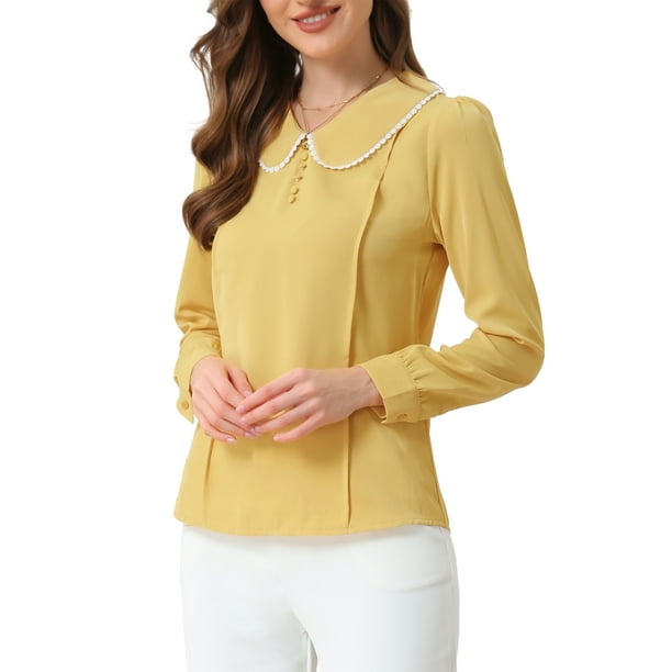 INSPIRAR CHIC Blusa de Manga Larga con Cuello Peter Pan y Botones Decorativos en la Espalda XL Amarillo Brillante