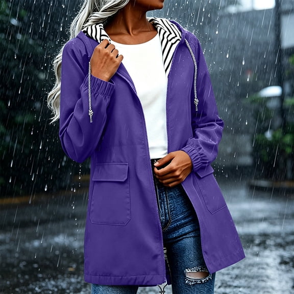 Ynynloco Women Waterproof Outdoor Hiking Raincoat Machine Washable Lined Rain Jacket Lightweight Hooded Jackets Trench Coats S-XXL