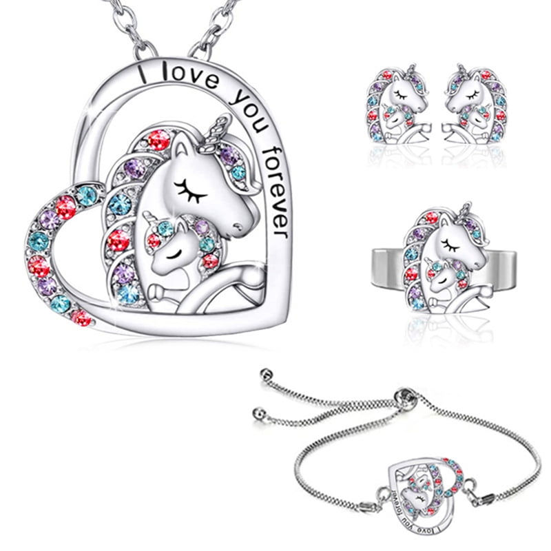 Riapawel 4pcs Colorful Heart Unicorn Necklace Bracelet Set Fashion