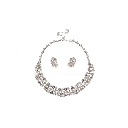 - Feinuhan Silvery Tone Flower White Faux Pearl Bead Clear Crystal Rhinestone Ne...
