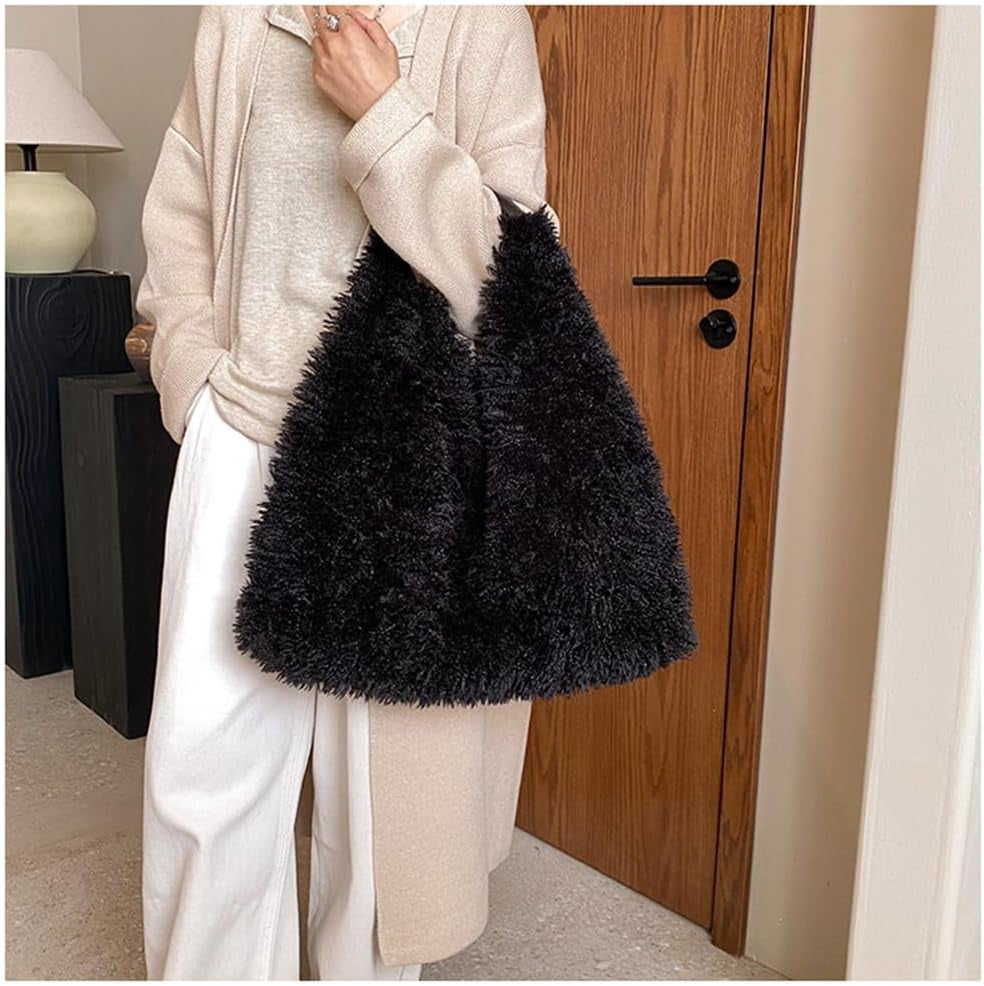 Faux Fur Hobo Shoulder Bag Furry Handbag Purse for Women Winter Y2k Fuzzy Plush Shoulder Tote Bag for Work Shopping