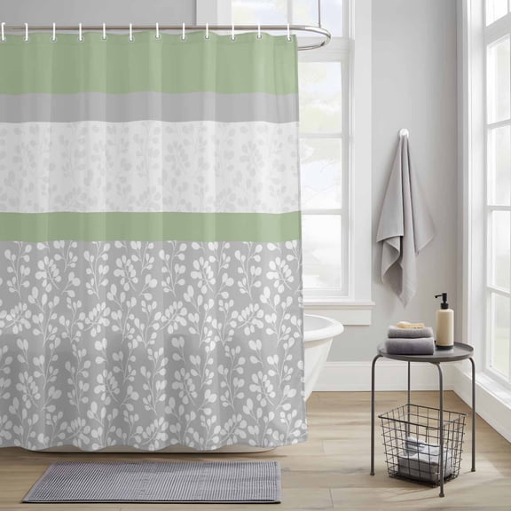 Bathroom Shower Curtain Farm Wildflower Green Grey Line Waterproof Shower Curtains with Hooks, Retro Stitching Stripes Bath Curtains Bathtub Curtain Home Decor 36x72in