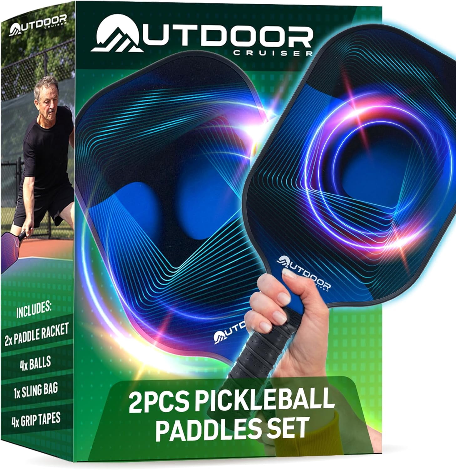 Outdoor Cruiser Pickleball Paddle Set – USAPA Approved, Premium Fiberglass Paddles with Lightweight Shock-Absorbing Grip, Includes 2 Rackets, 4 Balls, Grip Tapes, and Sling Carry Bag