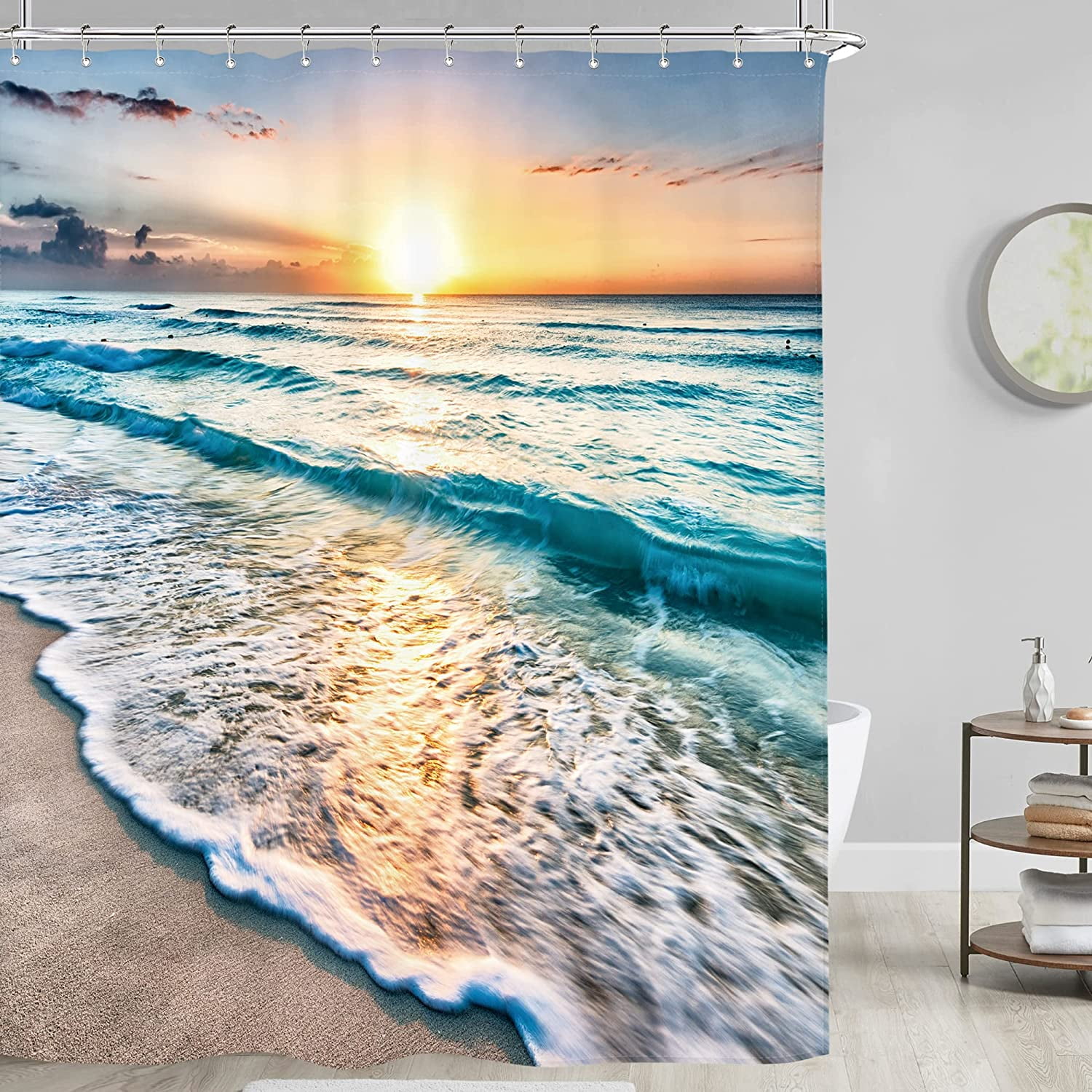 SPXUBZ Ocean Beach Shower Curtain Polyester Sunrise Sunset View 72x72 inch with12 Hooks Waterproof