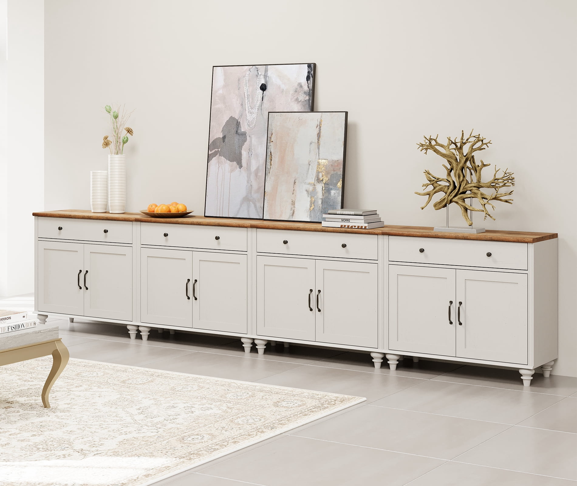 Sideboard Cabinet with 8 Wooden Doors, Credenzas & Sideboards, Large Buffet Cabinet Wood Kitchen Storage Cabinets, Modern Farmhouse Sideboard Credenza for Dining Room, White, 136 inch