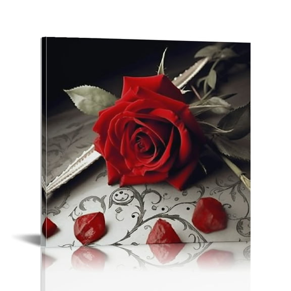 JRXY Red Rose Canvas Wall Art for Bedroom Decor,Red and Black Wall Decor Floral Artwork Flower Painting Picture for Bathroom Wall Decoration Ready to Hang 16x16 inch picture 2
