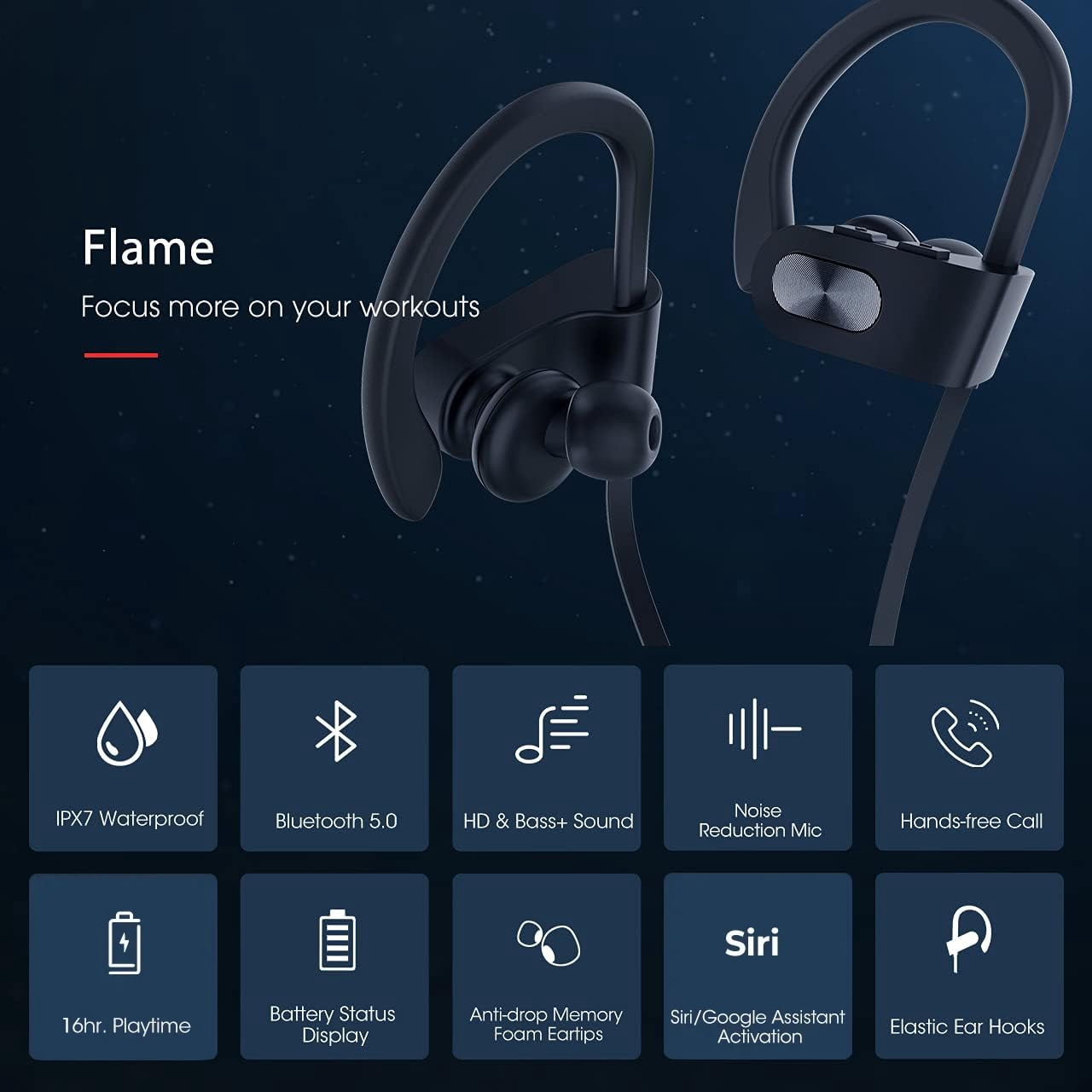 Mpow Flame Bluetooth Headphones, Running Headphones, 16 Hours Playtime Bluetooth 5.0 Wireless Earbuds HD Bass Stereo Sound IPX7 Waterproof Earphones for Workout Running Sports Noise Cancelling Mic