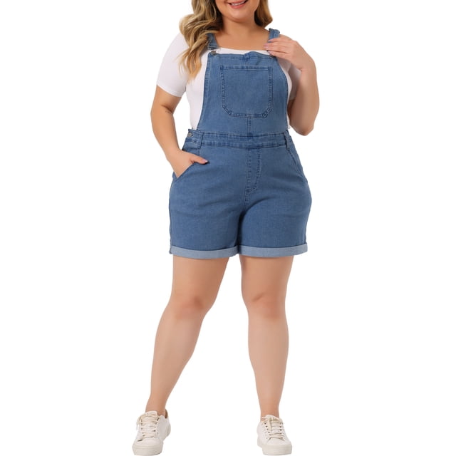 Overoles cortos de mezclilla para mujer de talla grande Agnes Orinda con dobladillo enrollado y bolsillo 2X azul cielo