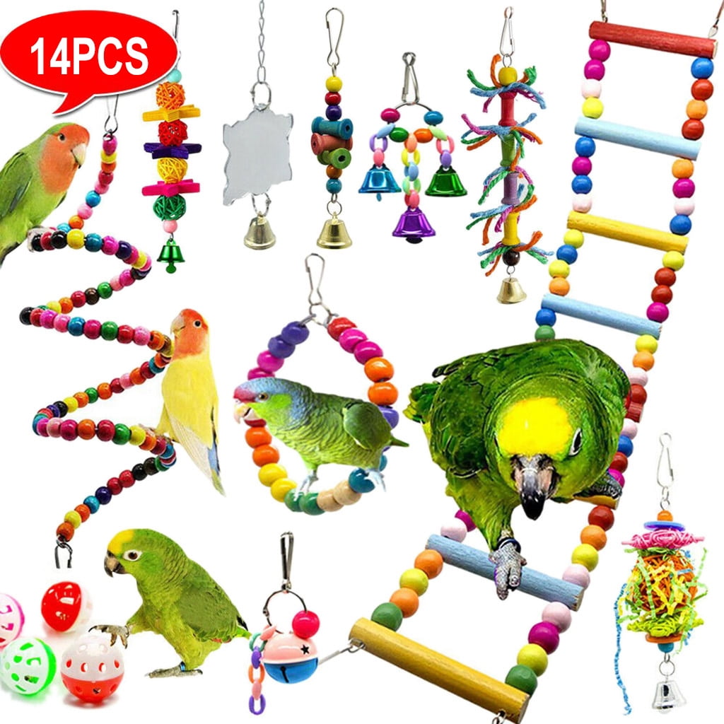 Pet Parrot Chew Bite Teeth Molar Wood Beads Ball Bell Sound Birds Hanging Cage 