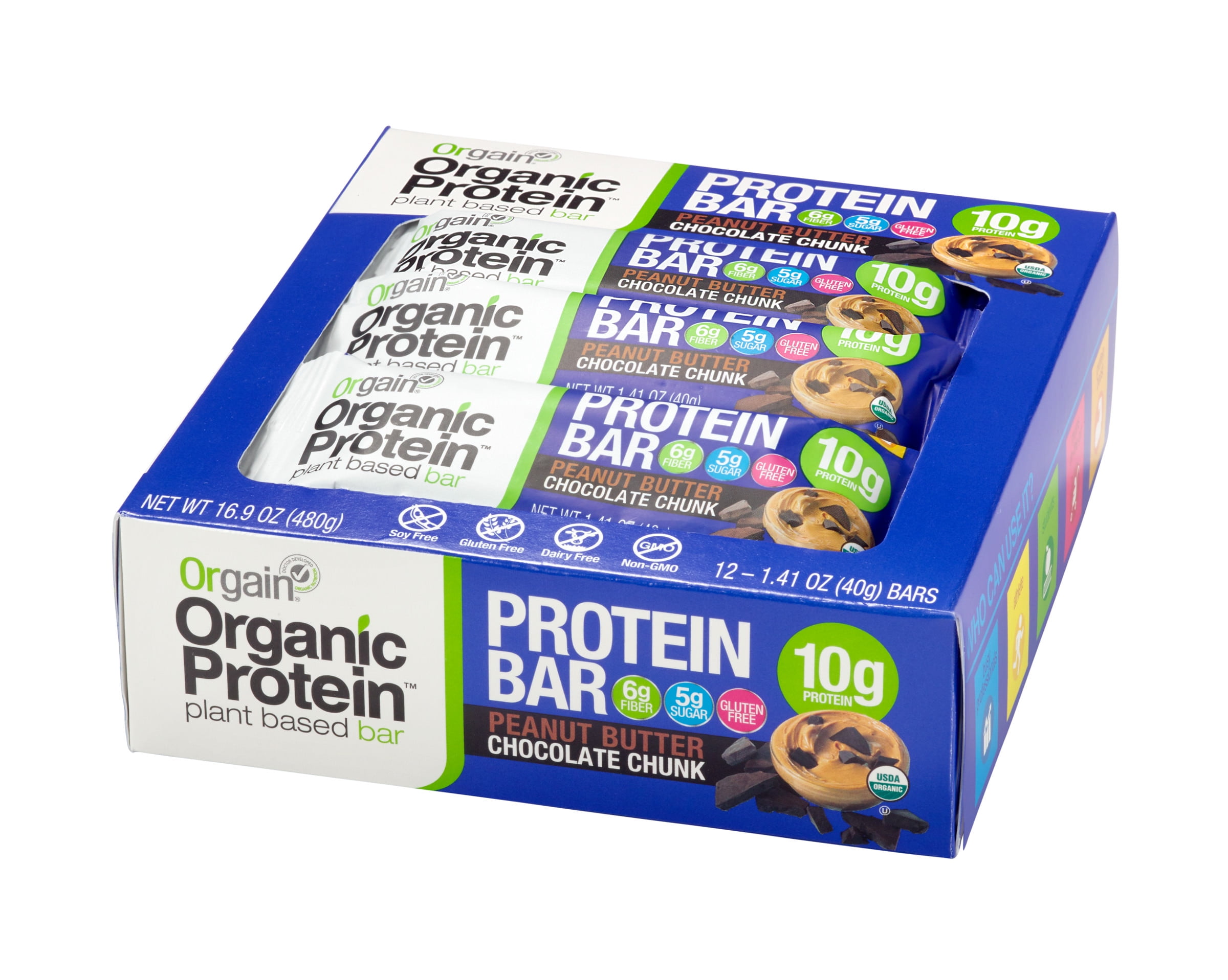 Orgain Organic Plant Based Protein Bar, Peanut Butter Chocolate Chunk, 10g Protein, 12 Ct