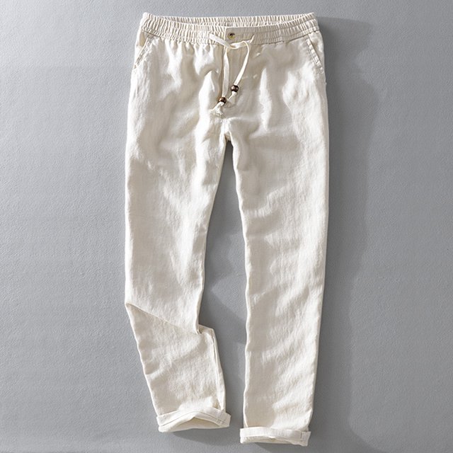 RWJDXD New Men‘s Linen Trousers Straight Tube Rope Solid Color Casual Linen Trousers Men Breathable