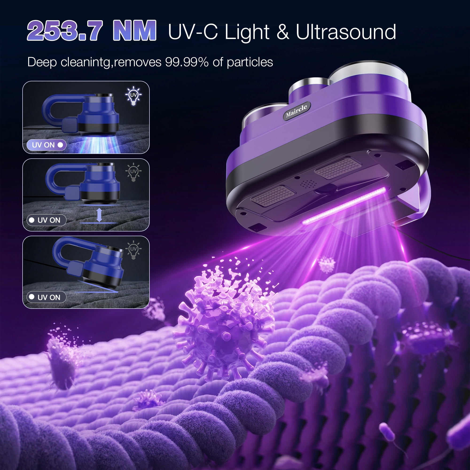 Maircle Mattress Vacuum Cleaner, Corded Bed Vacuum with 253.7nm UV-C Light, Ultrasonic & High Heating 16Kpa Powerful Double-Cup Handheld Vacuum for Bed, Sofa, Couch