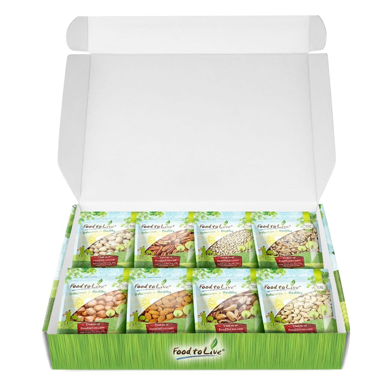8 Gourmet Variety Healthy Snack Bags of Raw Nuts in a Gift Box - Brazil Nuts, Almonds, Macadamia Nuts, Cashew, Walnuts, Hazelnuts, Pecans, Pine Nuts - by Food to Live