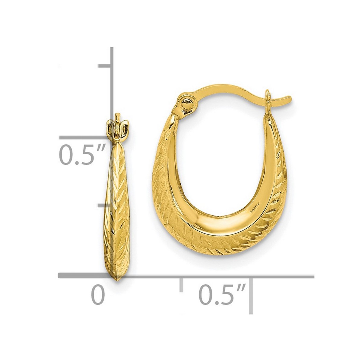 10k Yellow Gold Polished Hinged post Textured Hollow Hoop Earrings 15x12mm Wide 3mm Thick Hoop Earring for Women