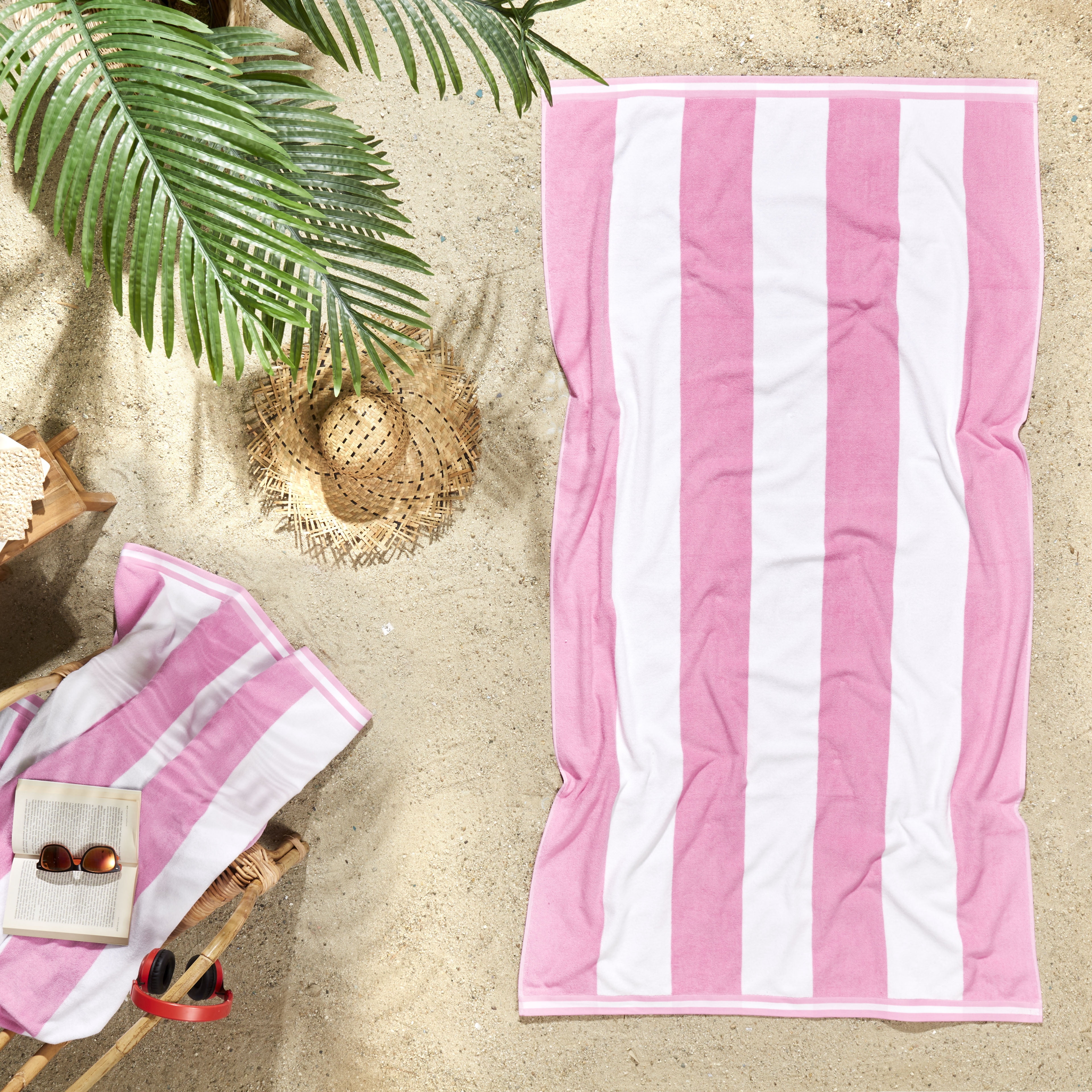Ozdilek Cabana Beach Towel  40*72 - 500 GSM Turkish Cotton, 100% Cotton, Luxury, Quick Dry, Extra Large, Soft Absorbent, Fade-Resistant, Poolside, Oversized, Summer Towel (Pink Bliss)