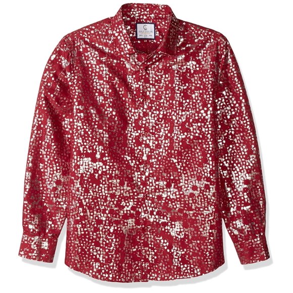 Azaro Uomo Men's Shiny Dress Shirt Wrinkle Free Casual Button Down Untucked, Silver Foil Burgundy, L