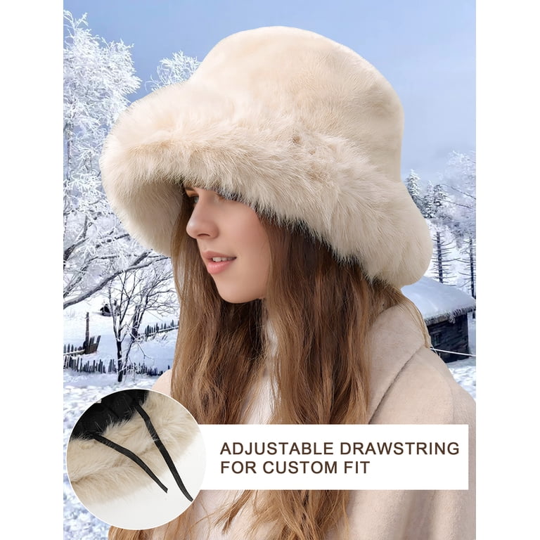 Faux Fur Bucket Hat with Adjustable Drawstring Winter Fisherman Cap for Women BFONS Faux Fur Winter Bucket Hat for Women Men Fuzzy Warm  main image 4