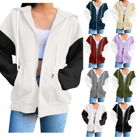 FRSASU Women's Color Block Zip up Hoodie Sweatshirt Casual Long Sleeve Jacket with Pockets Loose Tops White
