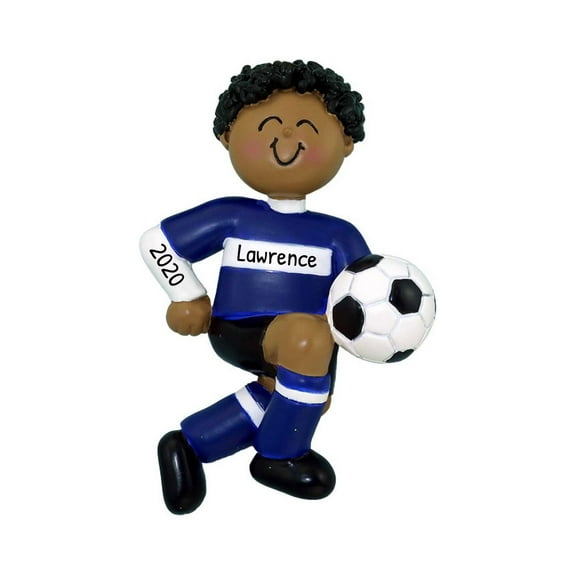 Ornaments by Elves Personalized African American Boy Soccer Player in Blue Uniform Ornament .25lbs