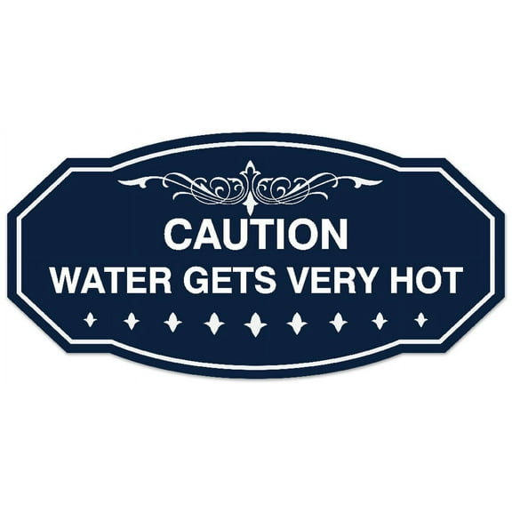 Signs ByLITA Victorian Caution Water Gets Very Hot Sign - Laser-Engraved Lettering | Durable ABS Plastic | Vibrant Colors | Powerful Foam Tape (Navy Blue / White) - Large