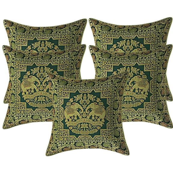 Stylo Culture Ethnic Boho Brocade Dark Green And Gold Throw Pillow Covers 16x16 Jacquard Weave Banarsi Couch And Pillow Covers Elephant Floral 40x40 cm Decorative Cushion Covers (Set Of 5)
