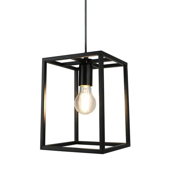 Depuley Industrial Pendant Lamp, Flush Mount Hanging Pendant Light with Rectangle Metal Cage Shade, Black Farmhouse Chandelier Indoor for Dining Room, Kitchen Island, Stairway, Entrance, E26 Socket