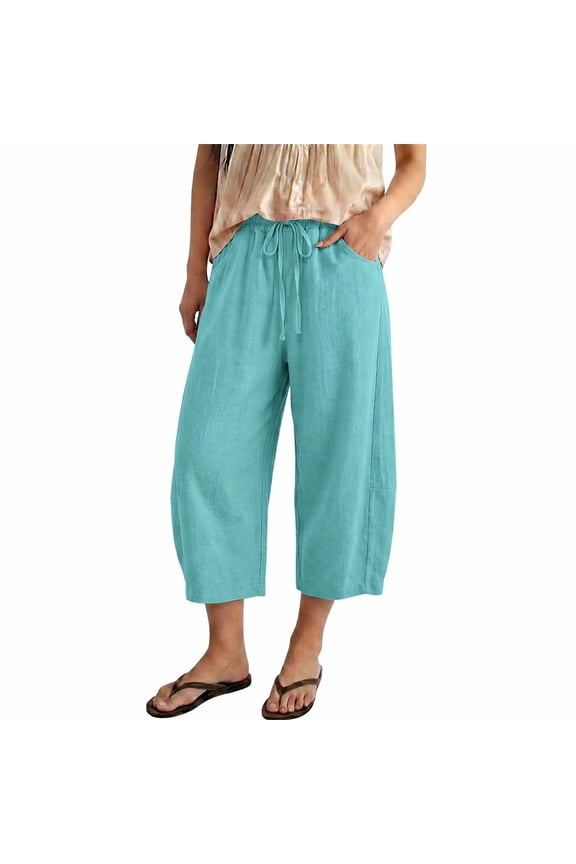 Womens Linen Pants Drawstring Capri Pants 2026 Wide Leg Beach Cropped Pants Cotton Lightweight Casual Palazzo Pants with Pockets Mint Green 2XL