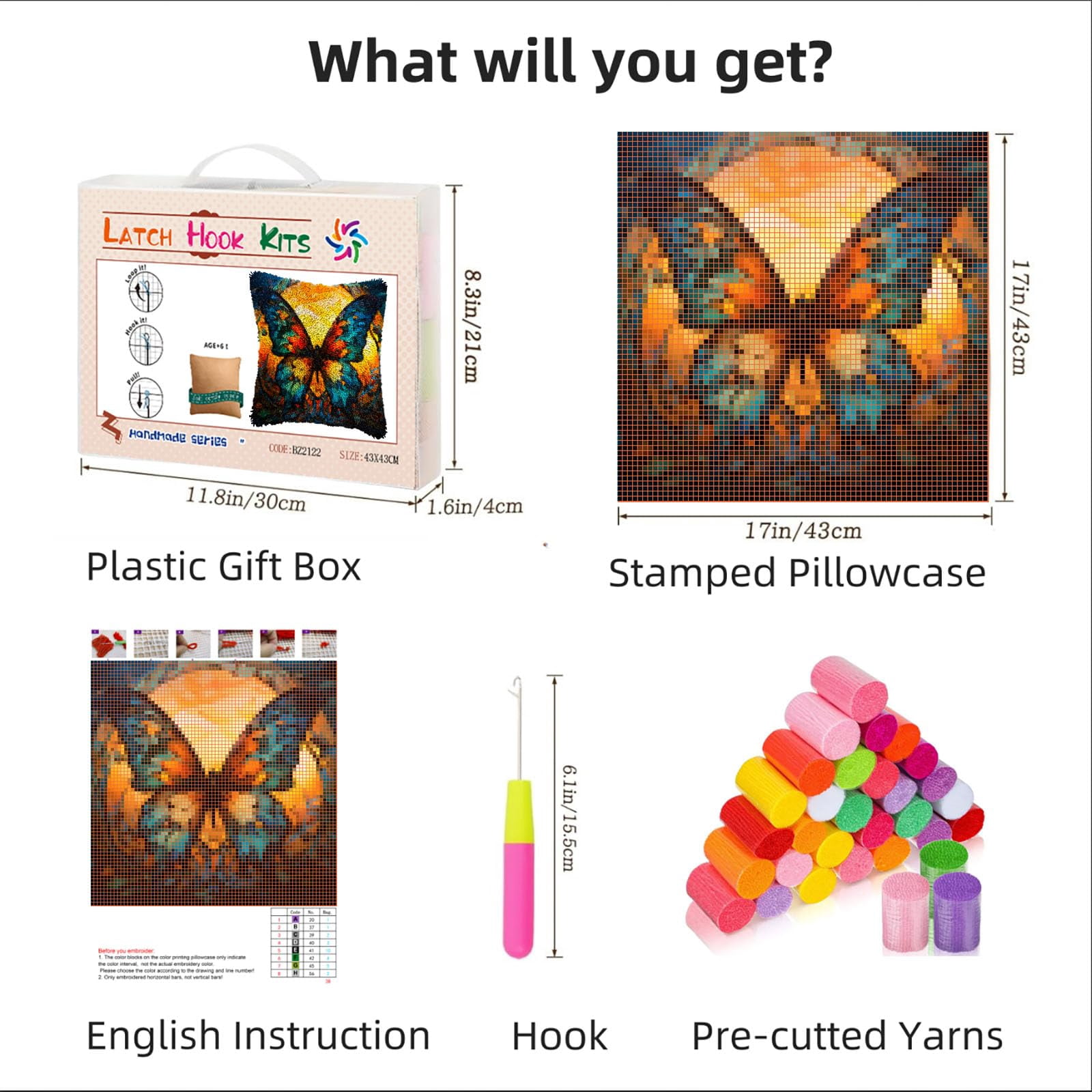 Stained Glass Colorful Butterfly DIY Latch Hook Pillow Kits for Adults Printed Pillowcase Crochet Yarns Hooking Handmade Pillow Cover Cushion for Home Sofa Decoration 17x17inch(2)