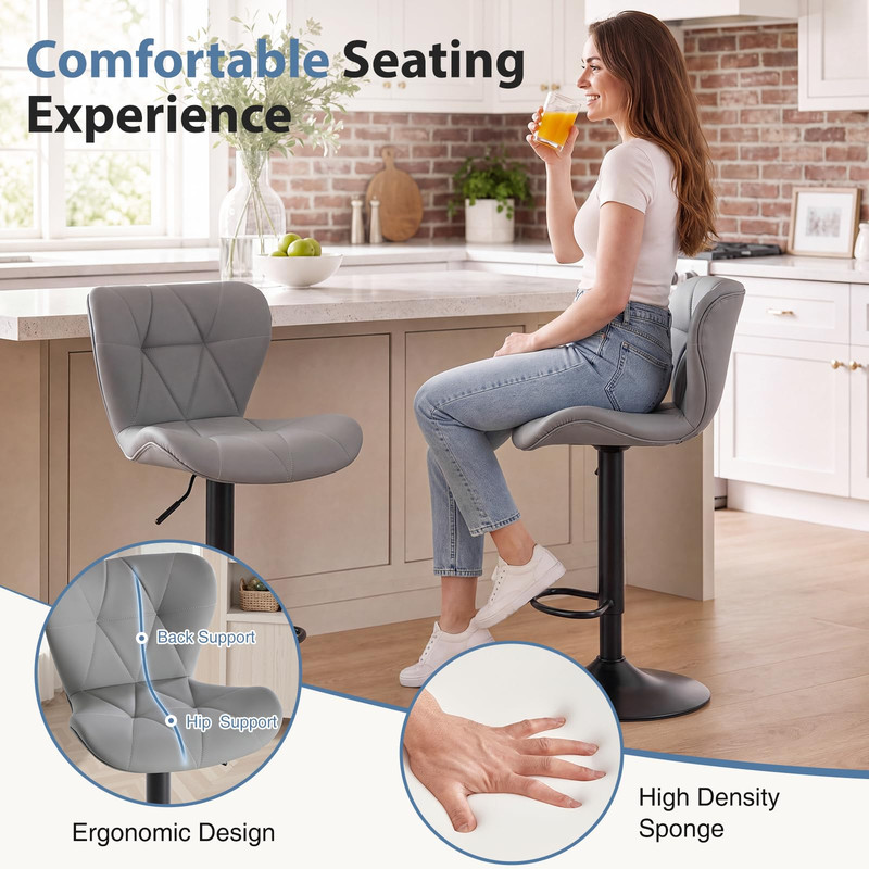Kelno Swivel Bar Stools Set of 2 Adjustable Height PU Leather Seat with Backrest 360° Swivel for Kitchen Island, Gray