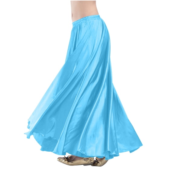 Satin Flowy Maxi Skirts Womens Silk Ruffle Flare Long Skirts Belly Dance Princess Party Outfits Blue, Free Size