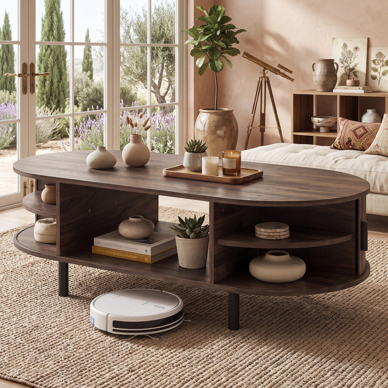 Furnibear Oval Coffee Table 47.5 Inch Wooden Center Table with Storage Shelves and Sliding Doors for Living Room, Walnut