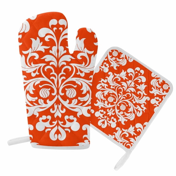 Oven Mitts and Pot Holder Set for Kitchen, Orange Flower Kitchen Oven Gloves Heat Resistance Non-Slip Surface Potholders Classical Luxury Abstract Art Hot Pads Sets for Cooking Baking Grilling BBQ