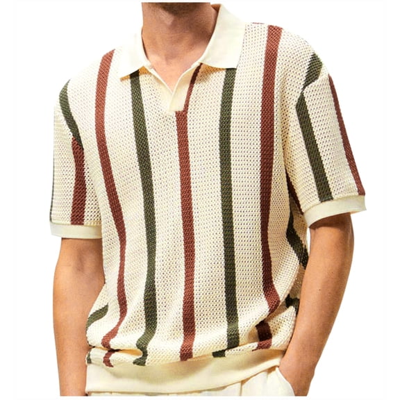 Men's Fashion Knit Casual Stripe Pattern Short Sleeve Turndown Collar Blouse Shirt | AESTIVO,Khaki L