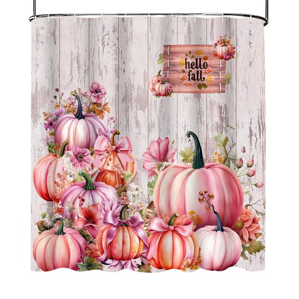 Cortina de baño con diseño de calabazas otoñales de acuarela con ramas doradas, hojas que caen, cosecha, día de Acción de Gracias, tela impermeable, lavable a máquina, con ganchos, 72" de ancho x 72"