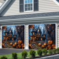 thumbnail image 3 of Halloween Garage Door Cover Banner 6 x 13 FT, Forest Ghost Pumpkin Castle Vintage Cottage Garage Door Curtains Backdrop with Grommets for Indoor Outdoor Wall Party Porch Yard Decorations Background, 3 of 9