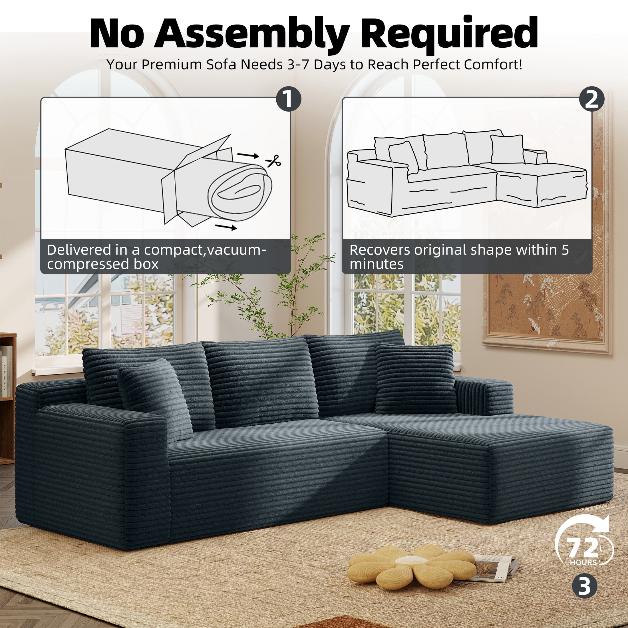 AENKYO 96" Cloud Modular Sectional Sofa with L-Shape Chaise, Deep Seat Corduroy Upholstered Couch, No Assembly Required, Dark Gray
