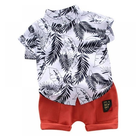 

Yuanyu 0-4T 2PC Toddler Boys Casual Outfits Set Kids Summer Leaves Print Shirt Blouse+Shorts