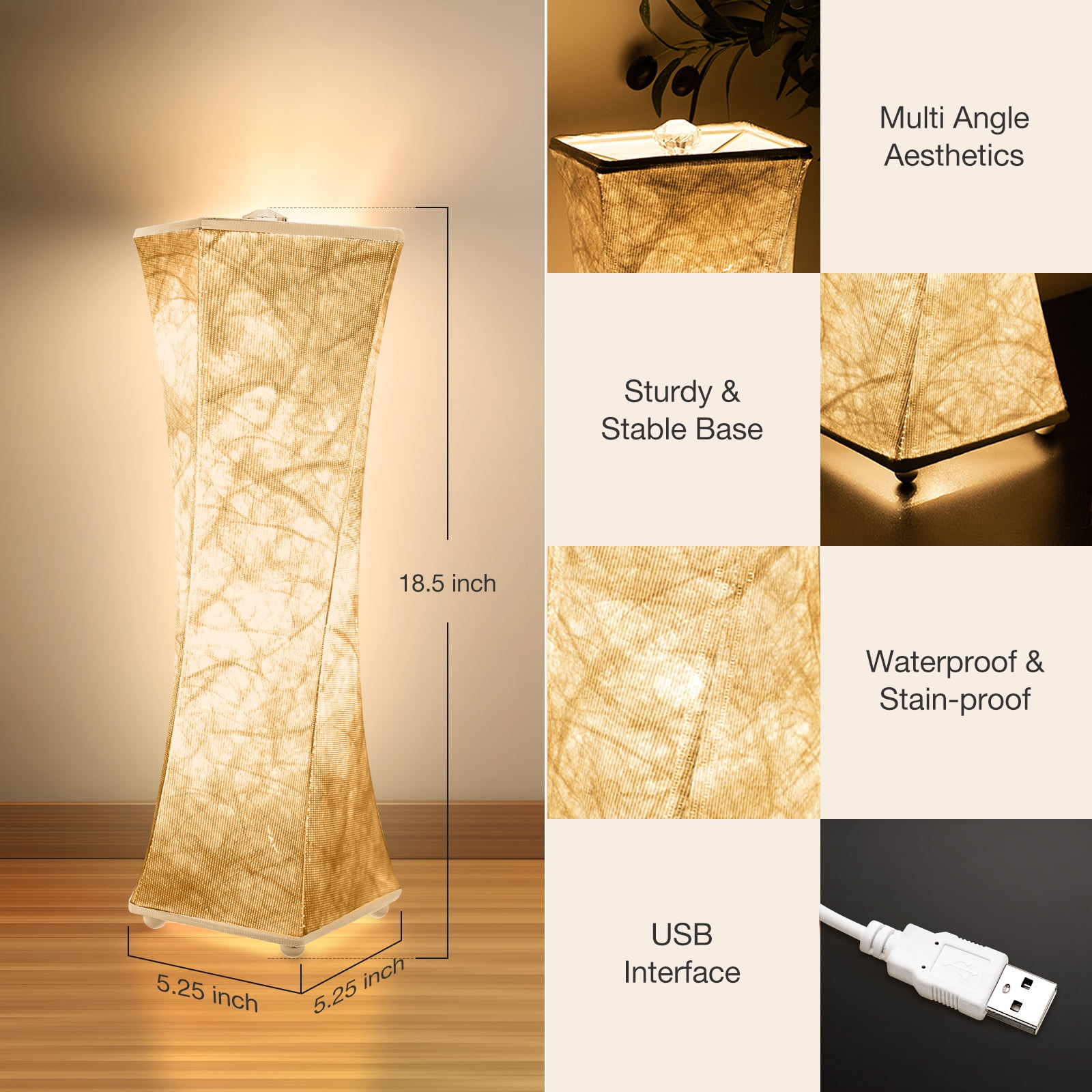 Set of 2 Fabric Table Lamp, Modern Dimmable Nightstand Lamp Bedside Desk Lamp, With Shade & LED Strip, For Bedroom Living Room, USB Interface