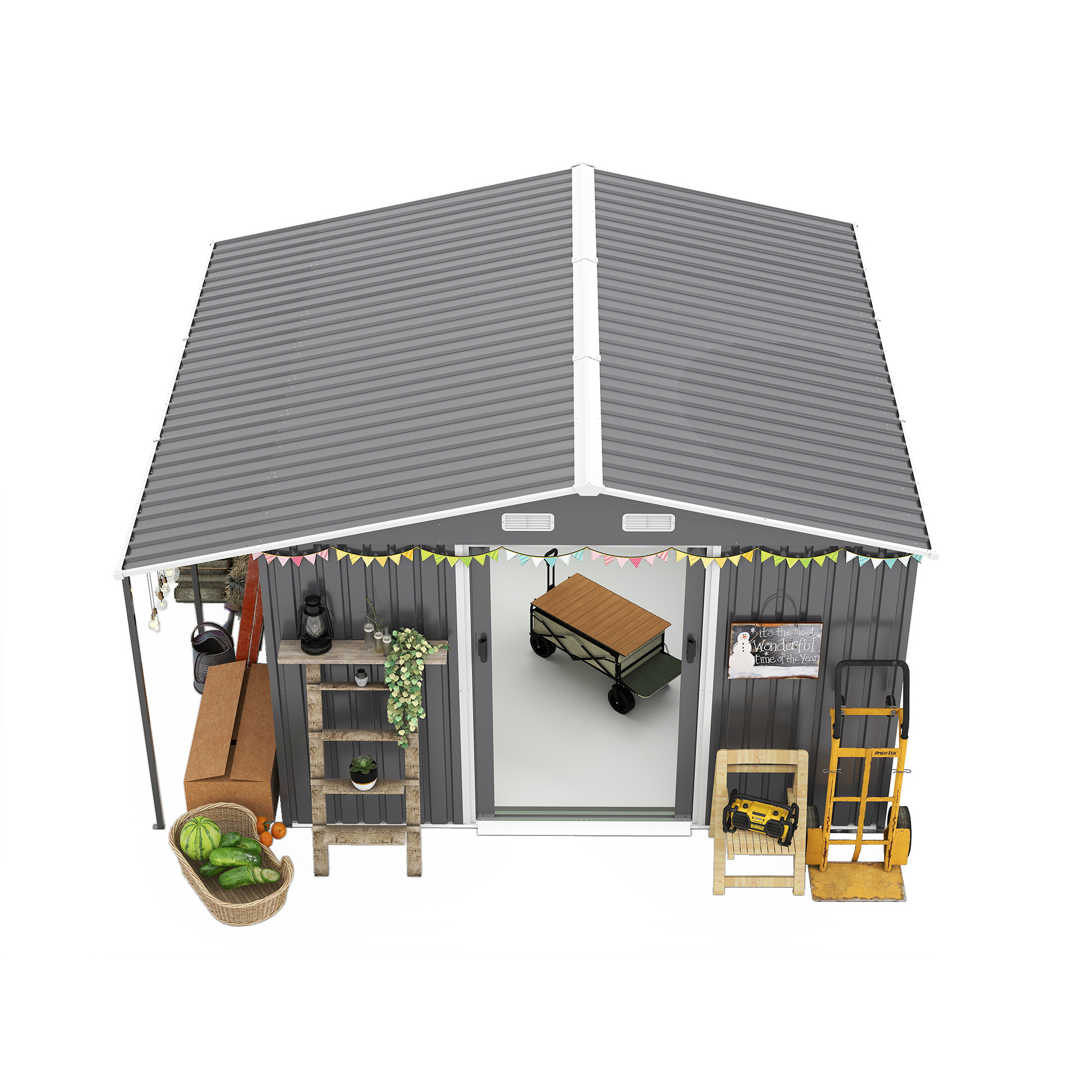 10x12 FT Outdoor Storage Shed - Extra Large Metal Shed with Dual-Zone Design, Sliding Doors & Ramp, Lockable Steel Tiny House for Garden/Backyard, Firewood Storage & Chicken Coops (Dark Gray)