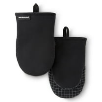 KITCHENAID Gourmet Series Gridlines Mini Oven Mitts 2-Pack Set, Heat Resistant up to 600°F, Soft Silicone Grip, Magnetic Cuff, Matte Black, 5.5"x9"