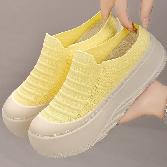 Viluyesy Women's Platform Sneakers Chunky Slip On Comfortable Breathable Knit Walking Shoes Non Slip Casual Flats Yellow Size 8