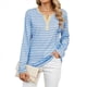 thumbnail image 3 of Camisetas de Larga A Rayas para Mujer, Informales, con Cuello en V, Bloques de Color, Corte Holgado, Básicas. Azul y XXL, 3 of 10
