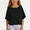 thumbnail image 3 of Faraee Cotton Linen Shirts for Girls 2026 3/4 Sleeve Ruffle Hem Oversized Blouse Kids Loose Fit Crewneck Tops for Summer Beach Vacation 5-15 Years Black, 3 of 6
